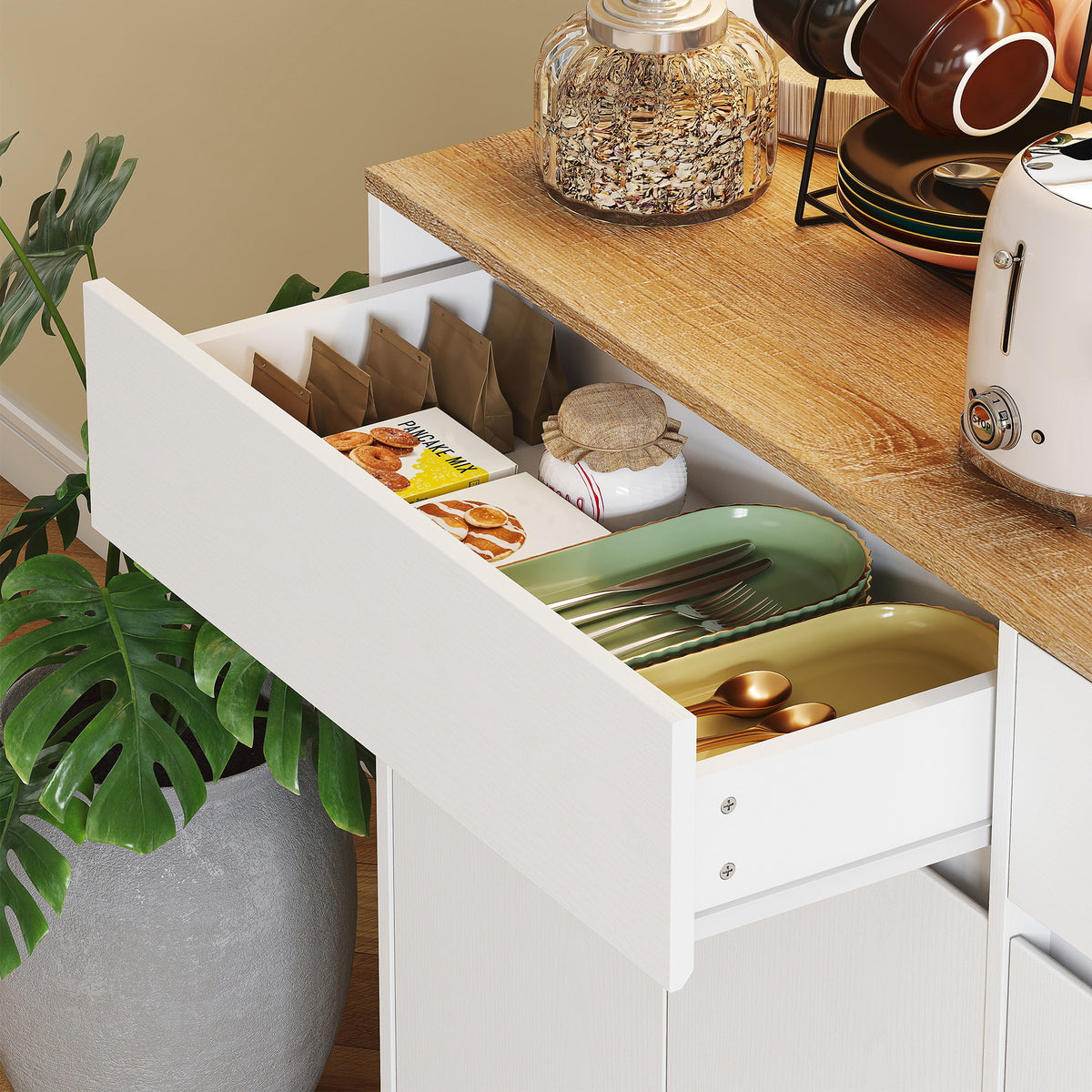 Buffet cuisine meuble cuisine rangement haut avec lumière LED RGB, plan de travail, 6 portes, 2 tiroirs, blanc