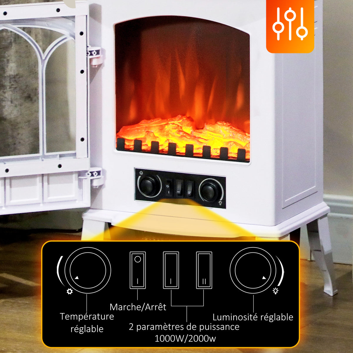 Cheminée électrique sur pied 1000/2000 W, fausse cheminée décorative avec effet flamme LED, blanc