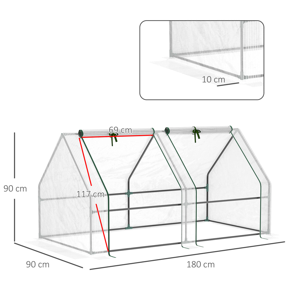 Mini Serre de Jardin mini serre tunnel 180L x 90l x 90H cm toit pointu Acier PE 140 g/m² Anti-UV fenêtres avec