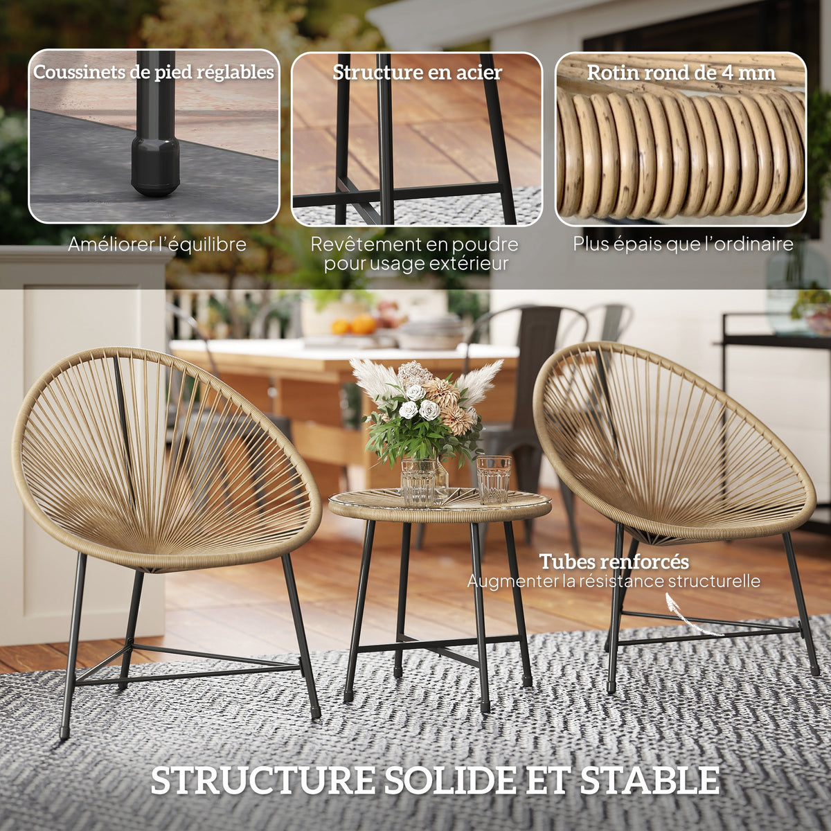 Set de jardín exterior de ratán sintético para 2 personas, tablero de vidrio templado, para balcón, terraza o patio, natural