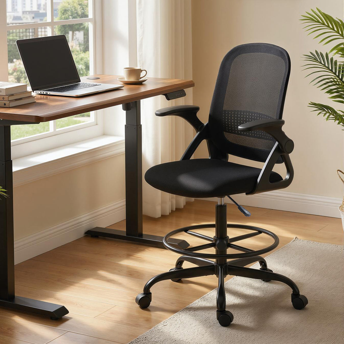 Chaise de bureau en maille, chaise d'ordinateur avec accoudoirs rabattables, hauteur réglable, repose-pieds, noir