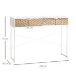 Table Console Industriel 2 tiroirs Aspect Bois de chêne sculpté Motif à Chevrons piètement métal Blanc