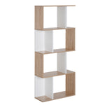 Bibliothèque à 4 niveaux, meuble de rangement en forme de S avec étagères, étagère de rangement pour salon, chambre bureau, 60 x 24 x 148 cm, bois naturel et blanc