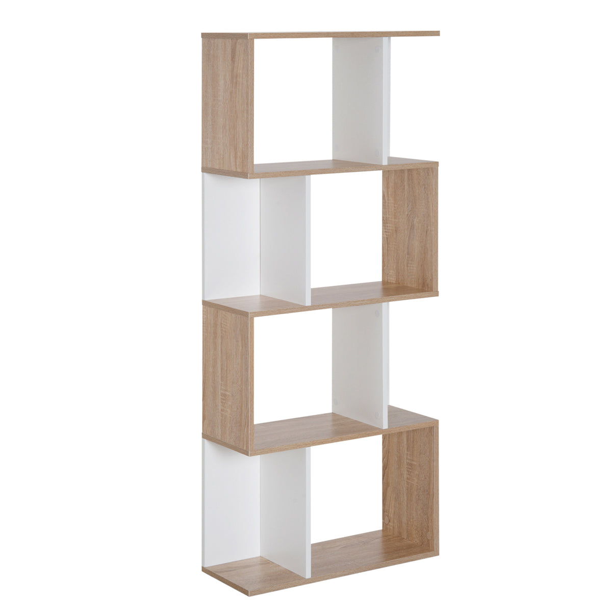 Bibliothèque à 4 niveaux, meuble de rangement en forme de S avec étagères, étagère de rangement pour salon, chambre bureau, 60 x 24 x 148 cm, bois naturel et blanc