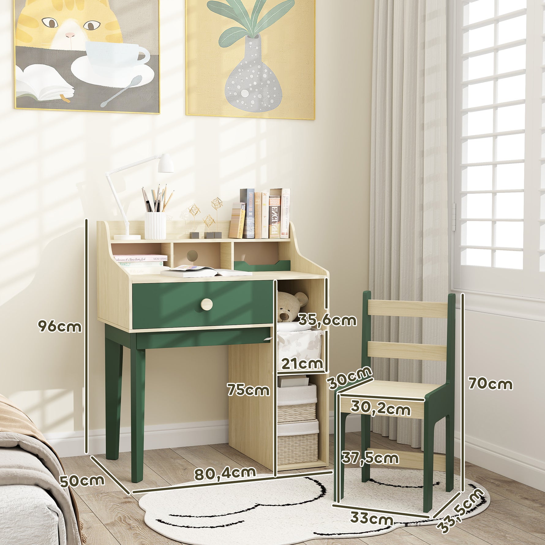 Ensemble bureau et chaise pour enfant avec étagères de rangement et tiroir, mobilier pour enfants de 3 à 10 ans, vert