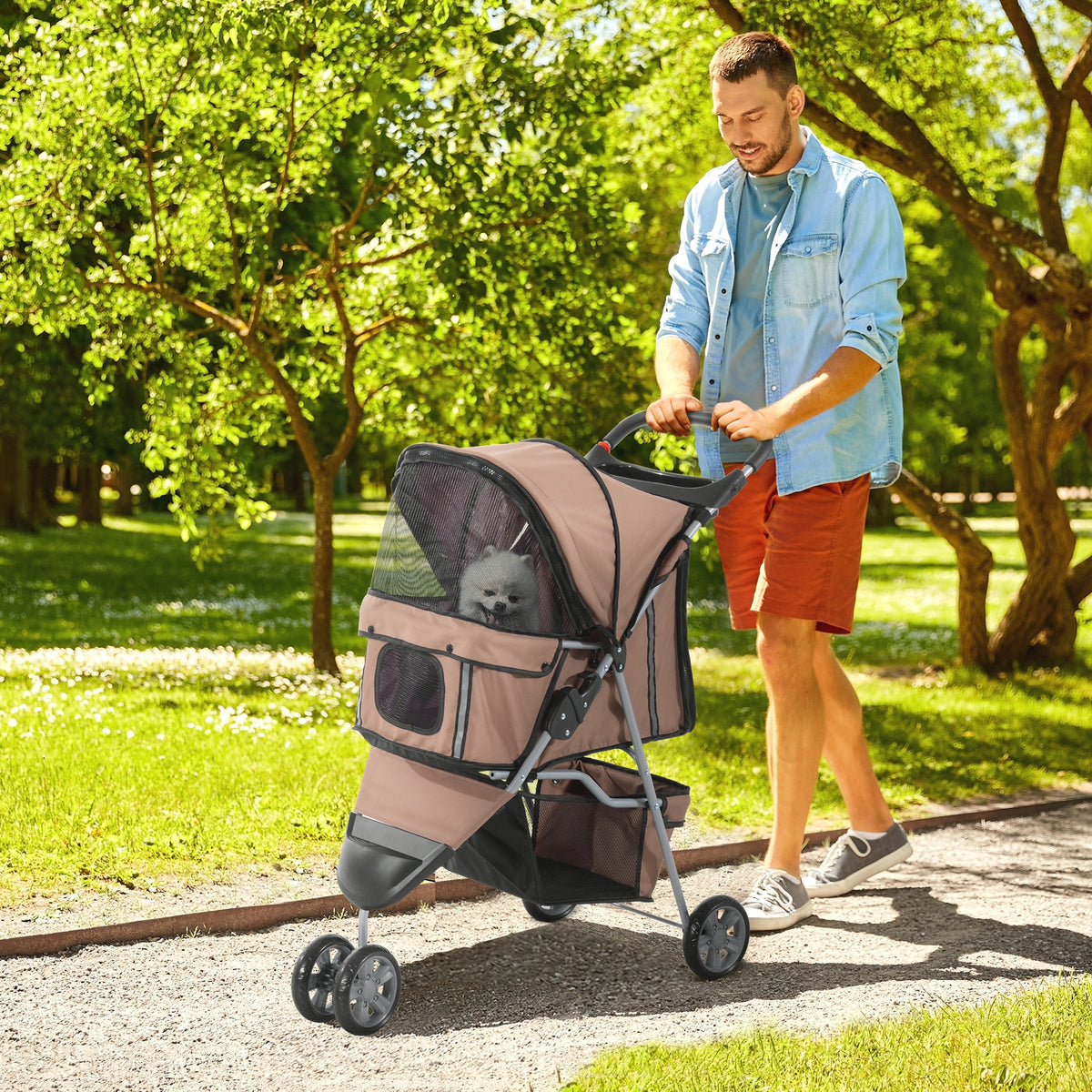 Poussette Buggy Pliable Animaux, Chariot Pliant Chien Chat, Porte-Gobelet Panier de Rangement Inclus, Roues avec Frein, Tissu 600D Oxford Acier, 75 x 45 x 97 cm Marron