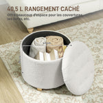 Pouf coffre rangement, tabouret rond, pouf repose-pieds en tissu bouclette, charge 120 Kg, Ø 45 x 41 cm, blanc