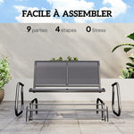 Banc à Bascule de Jardin 2 Places Design Contemporain Grand Confort accoudoirs Assise, Dossier Ergonomique Acier textilène Gris