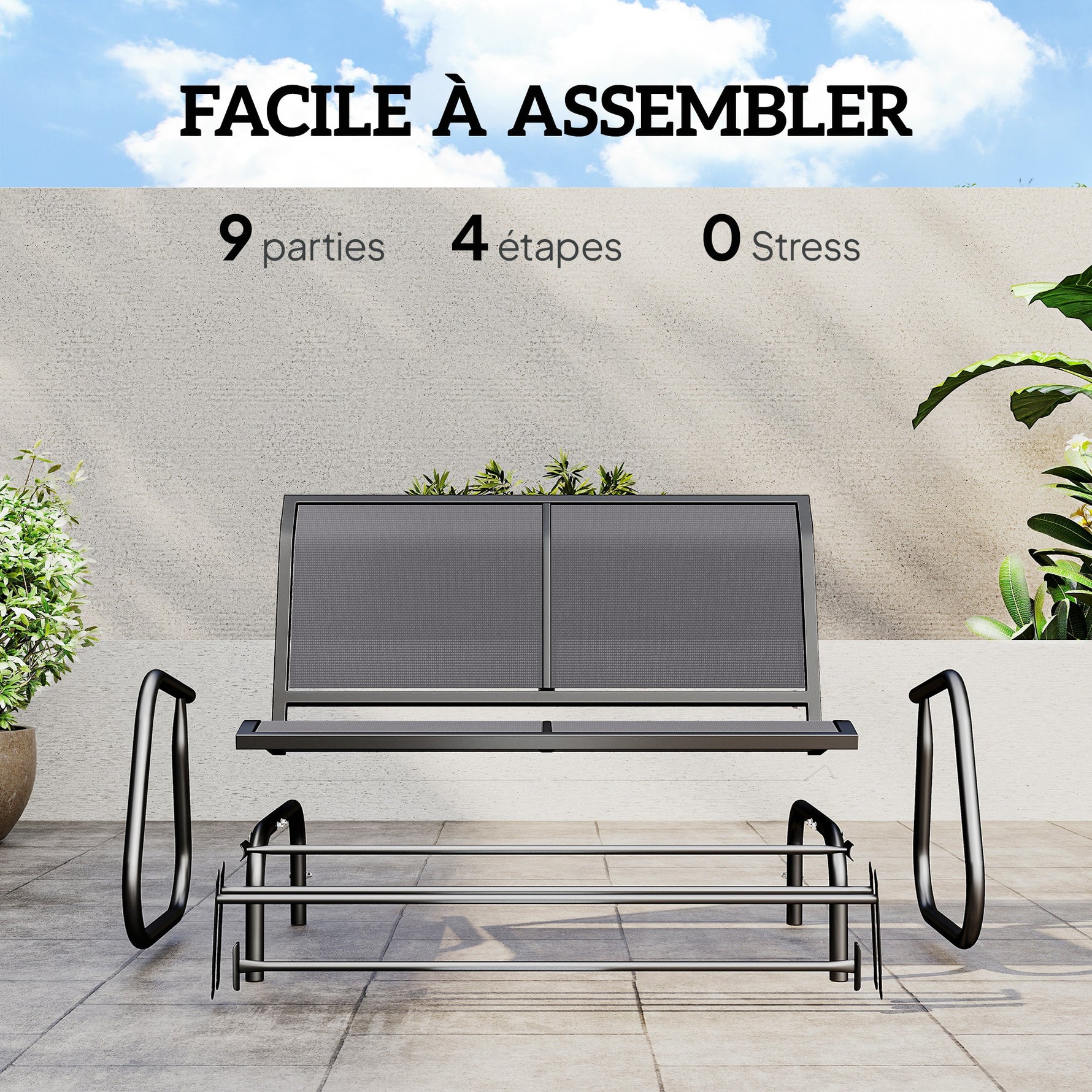 Banc à Bascule de Jardin 2 Places Design Contemporain Grand Confort accoudoirs Assise, Dossier Ergonomique Acier textilène Gris