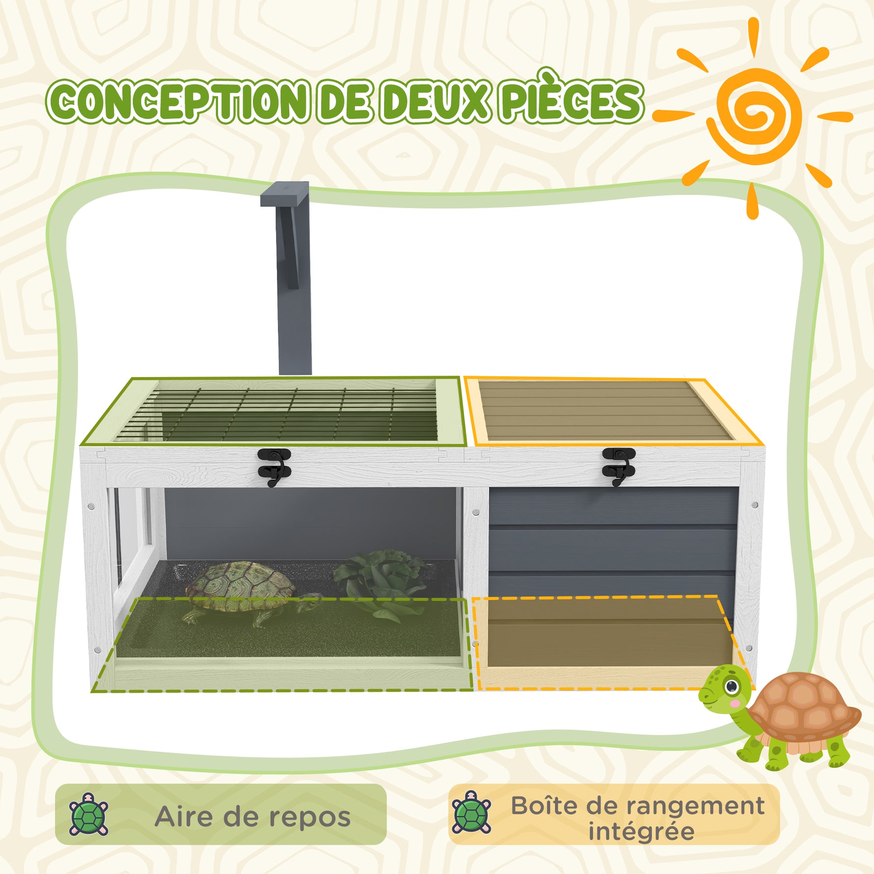 Maison enclos cage pour petit animal tortue avec 2 espaces support de lampe 81 x 48 x 31,5 cm gris