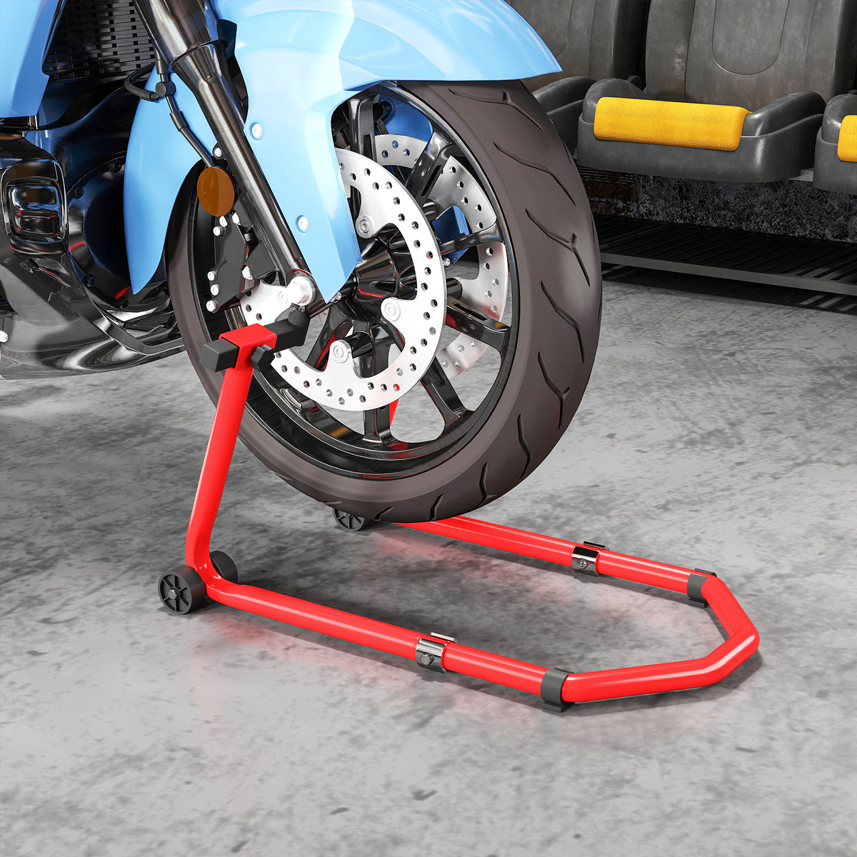 Béquille roue avant arrière charge 390kg béquille d'atelier moto bras réglable en acier, fourche en forme de U + L rouge