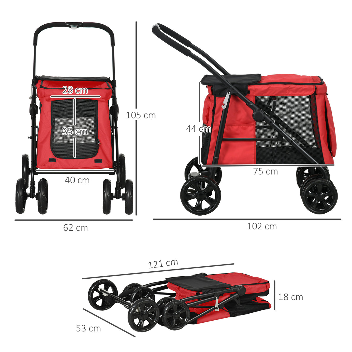 Passeggino pieghevole per animali cane gatto con cuscino incluso ruote con freno tessuto Oxford 600D 102 x 62 x 105 cm rosso