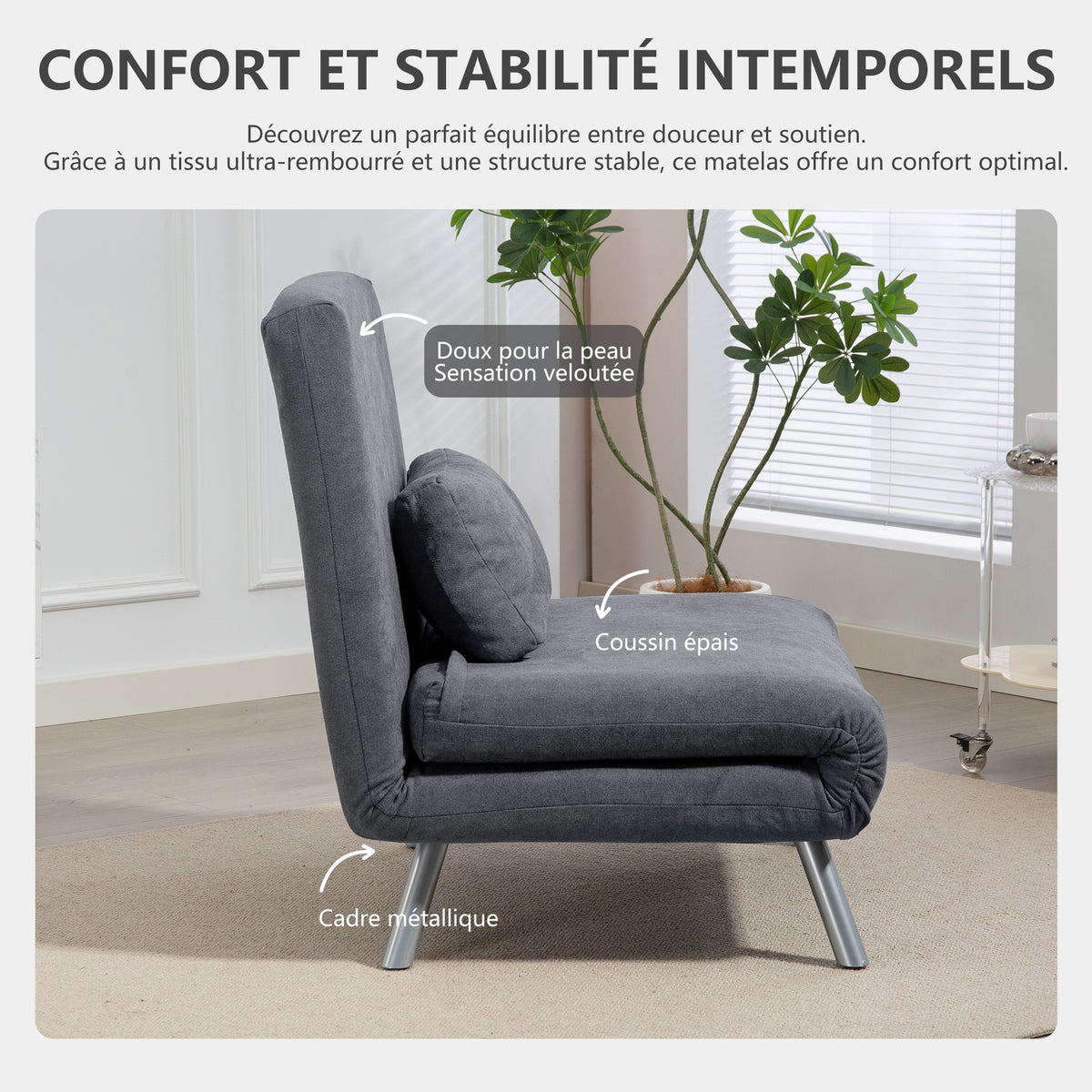 Poltrona letto singola, poltrona convertibile 3 in 1 con schienale regolabile, cuscino, seduta ampia, grigio scuro