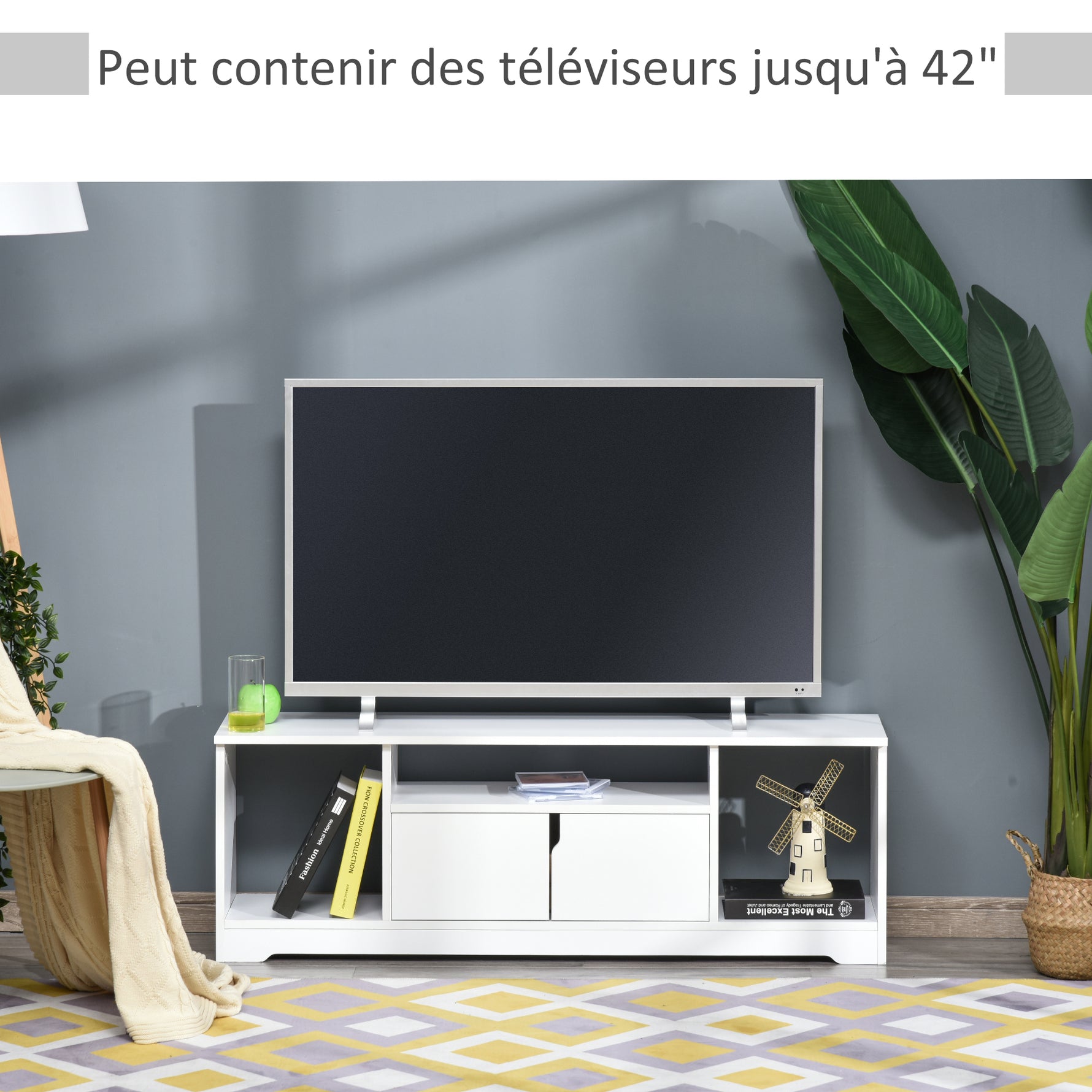 Meuble TV Banc TV Design Contemporain - 3 niches, Placard Double Porte - dim. 120L x 30l x 41H cm - Panneaux Particules Blanc