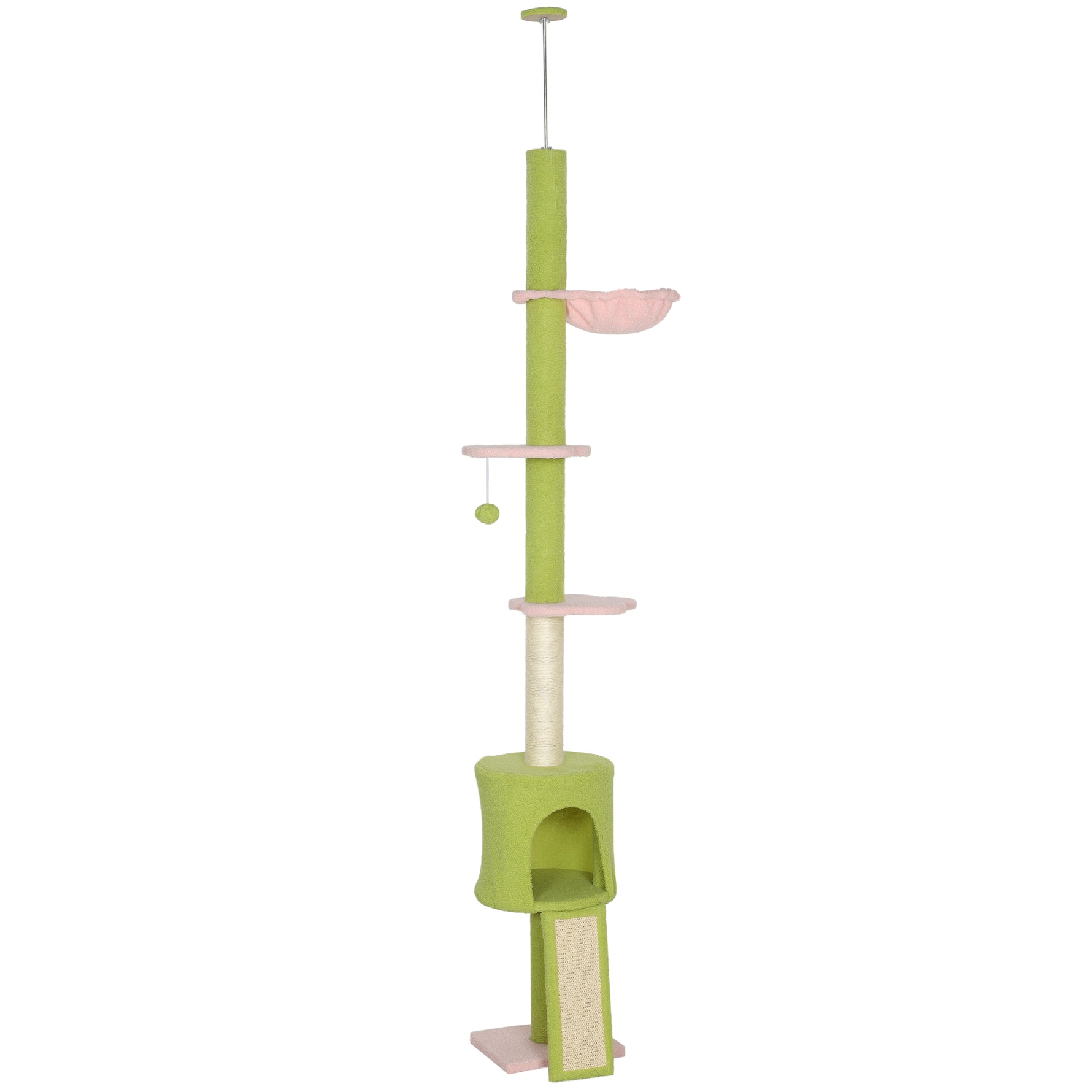 Arbre à chat du sol au plafond 5 niveaux hauteur réglable 220-240 cm plateformes fleur avec griffoir niche hamac vert