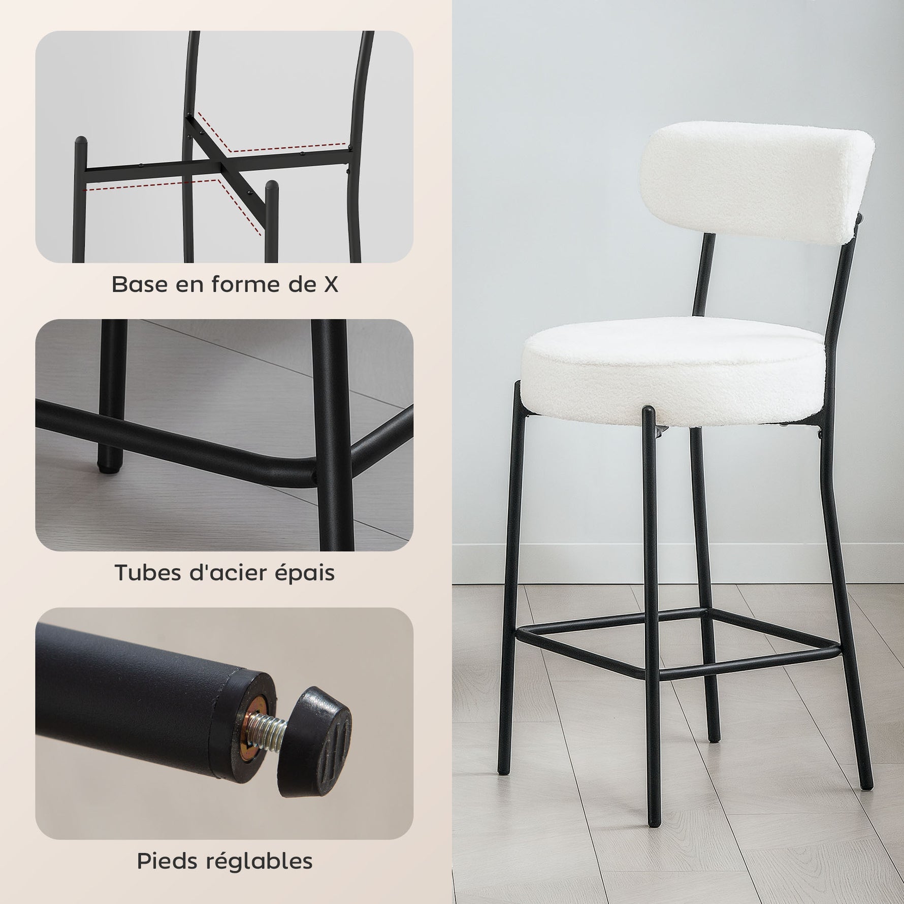 Lot de 2 tabourets de bar en tissu bouclette, chaises de bar avec dossier courbé, repose-pieds, 49x52x95cm, crème