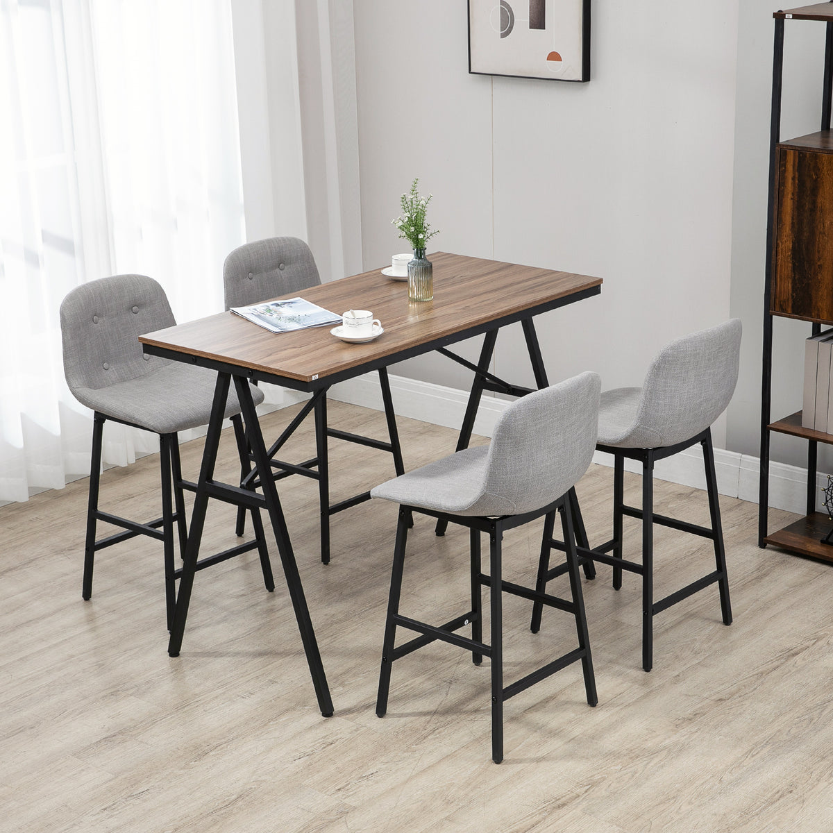 Bartafelset met krukken, statafel voor eetkamer met 4 gestoffeerde stoelen, stalen poten, 120x60x91 cm, grijs