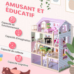 Maison de poupée en Bois Jeu d'imitation 4 Étages pour 3+ ans avec 13 Accessoires Grand réalisme Multi-équipement 60L x 30l x 80H cm Blanc et Rose