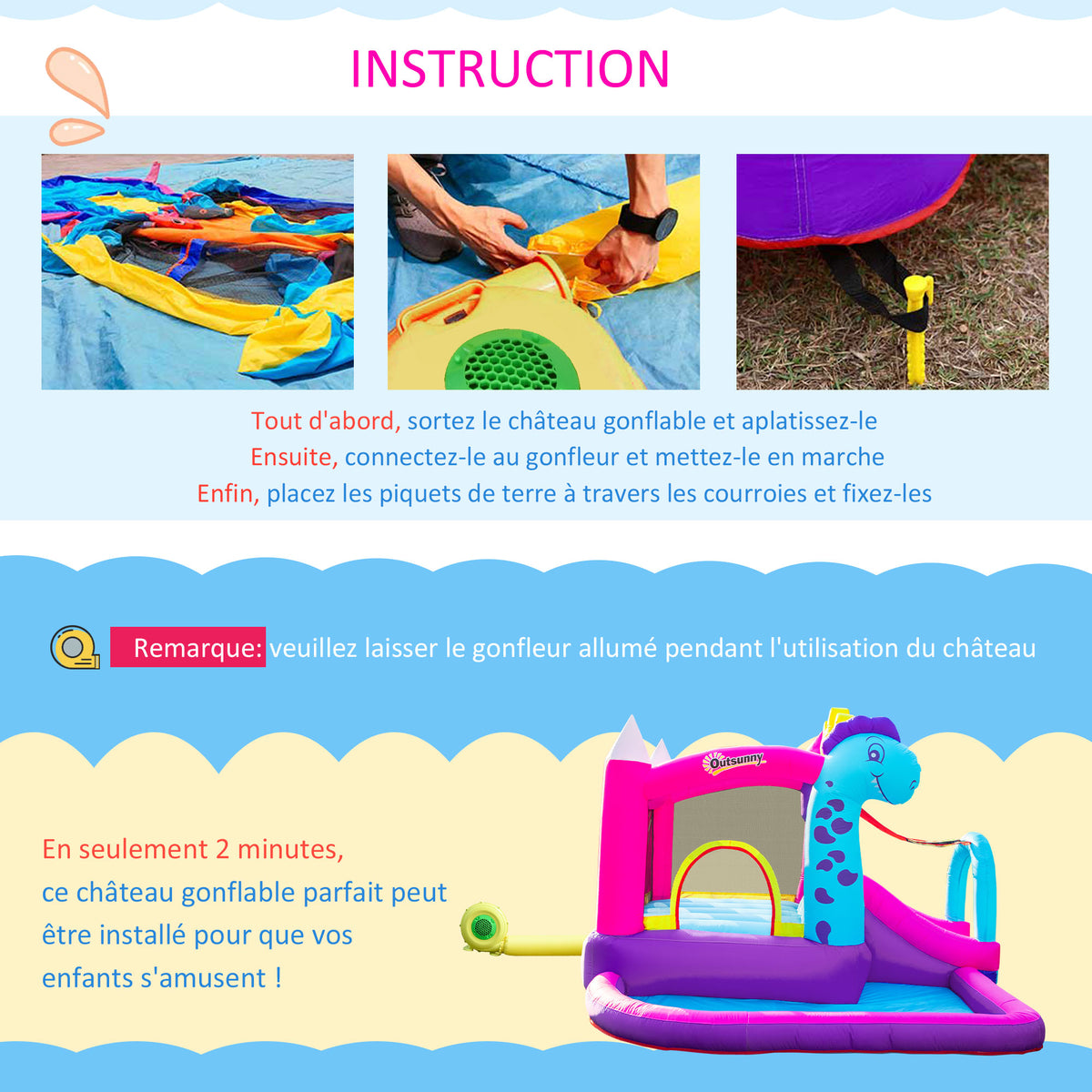 Château Gonflable avec Toboggan, Trampoline, Aire de Jeux Piscine et Panier Jusqu'à 3 Enfants +3 Ans gonfleur et Sac de Transport Souffleur 350W inclus dim. 300L x 270l x 200H cm Multicolore