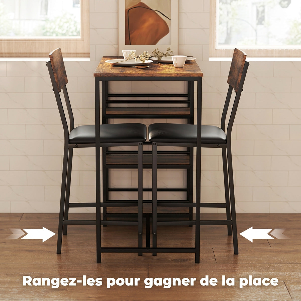 Conjunto de mesa de bar con 2 taburetes, mesa alta de cocina y 2 sillas de bar acolchadas de PU, marrón rústico