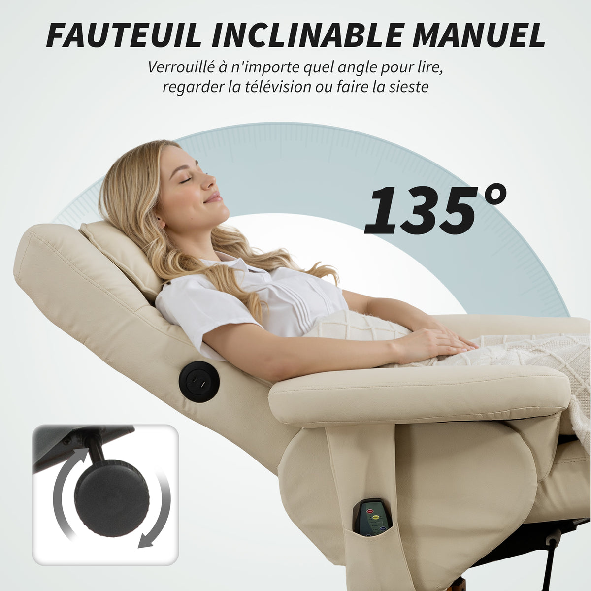Fauteuil massant avec repose-pied, dossier inclinable jusqu'à 135°, coffre de rangement, télécommande