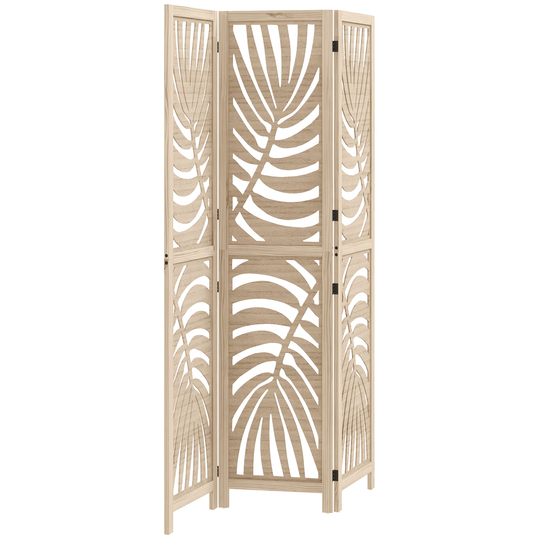 Paravent interieur en bois 3 panneaux 120 x 170 cm, pliable et portable, motif de feuille, design amovible, bois naturel