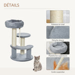 Arbre à chats 2 griffoirs grattoirs sisal naturel 3 plateformes corde à grimper dim. Ø 40 x 65H cm peluche haute densité 500 g/m² gris