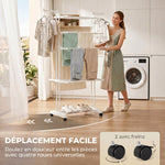 Séchoir à linge pliable 4 niveaux avec roulettes, étendoir linge intérieur avec ailes latérales, cadre en acier, blanc