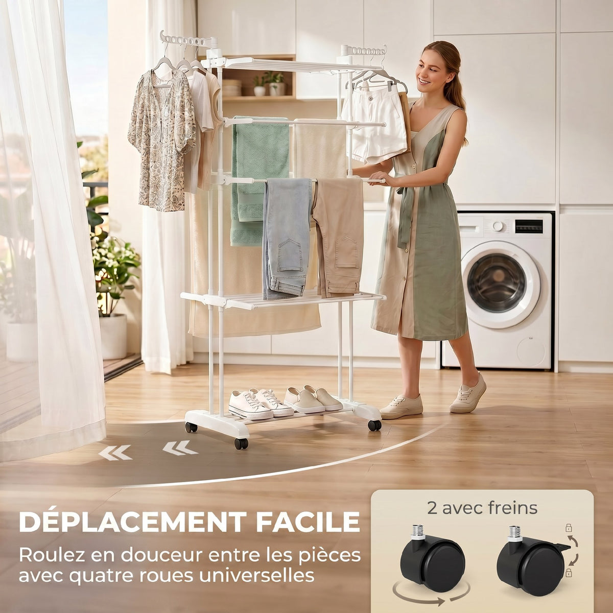 Séchoir à linge pliable 4 niveaux avec roulettes, étendoir linge intérieur avec ailes latérales, cadre en acier, blanc