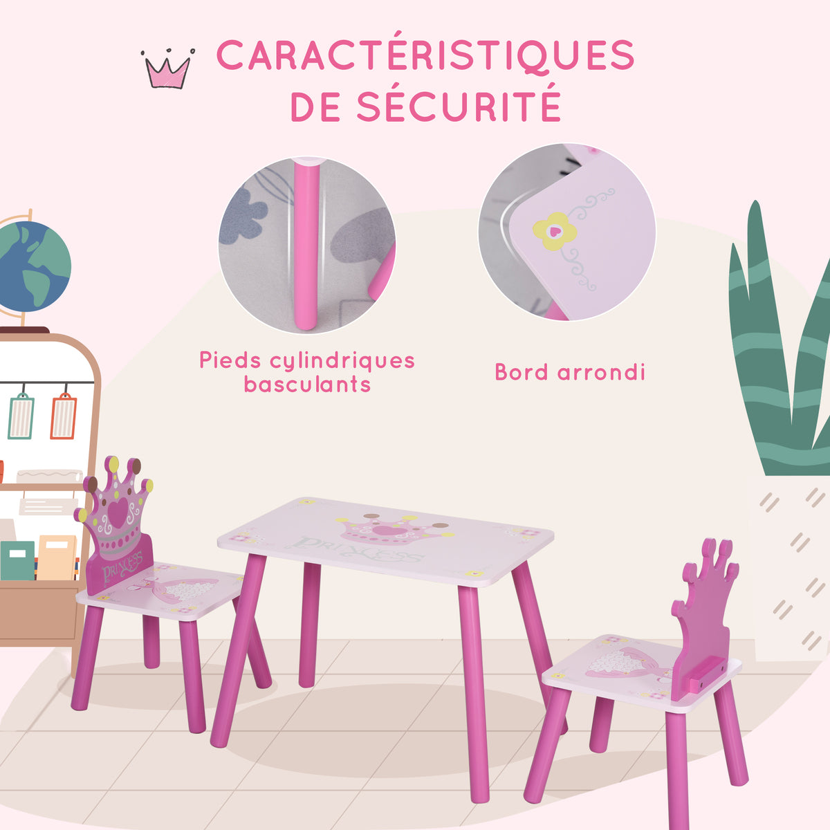 Lit Enfant et Ensemble table et chaises enfant - Design Princesse Motif Couronne - sommier à Lattes Inclus - Rose