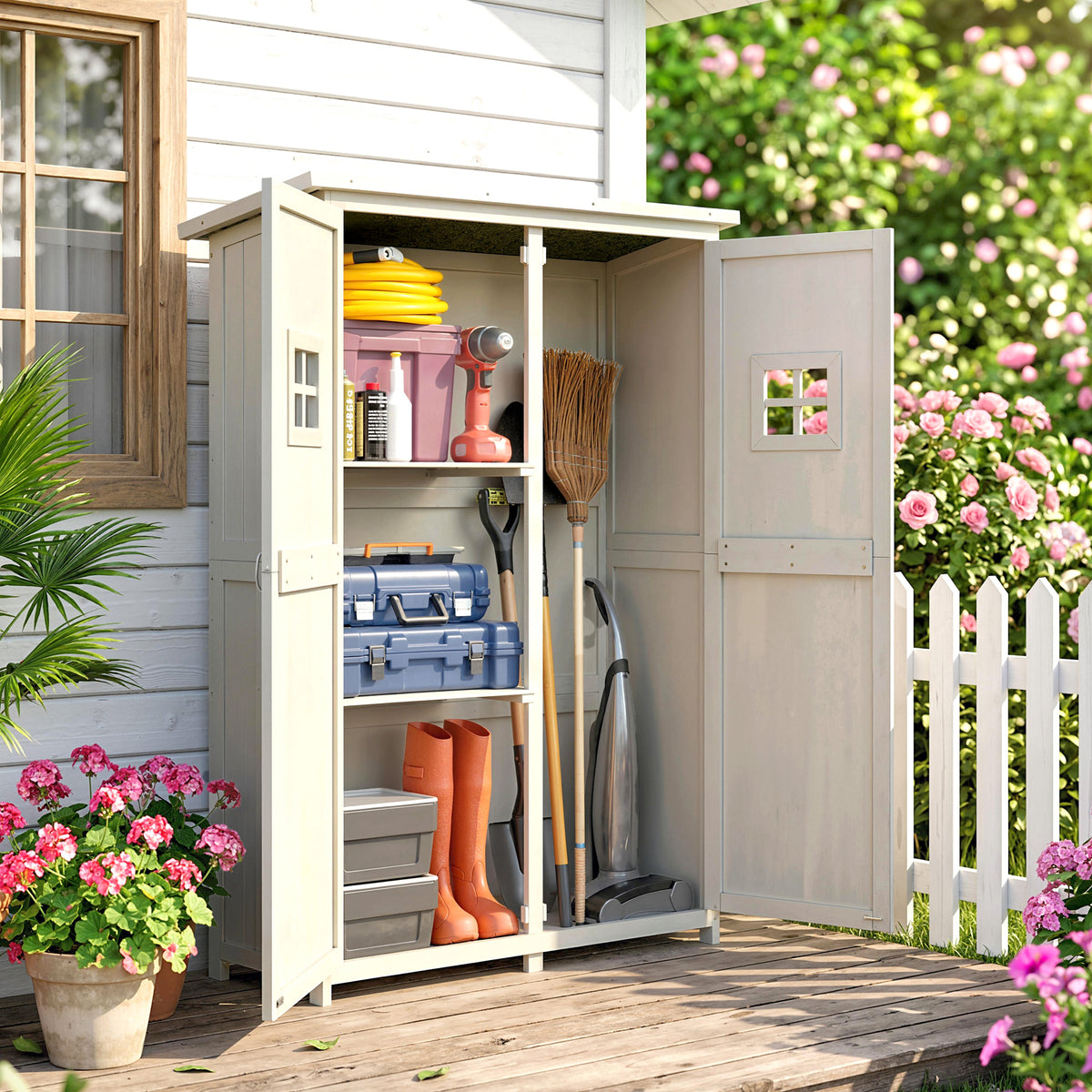 Abri de Jardin en bois Armoire de Jardin dim. 127,5L x 50l x 164H cm 2 étagères 2 Portes 2 fenêtres Toit bitumé étanche Bois Massif Sapin pré-huilé Gris
