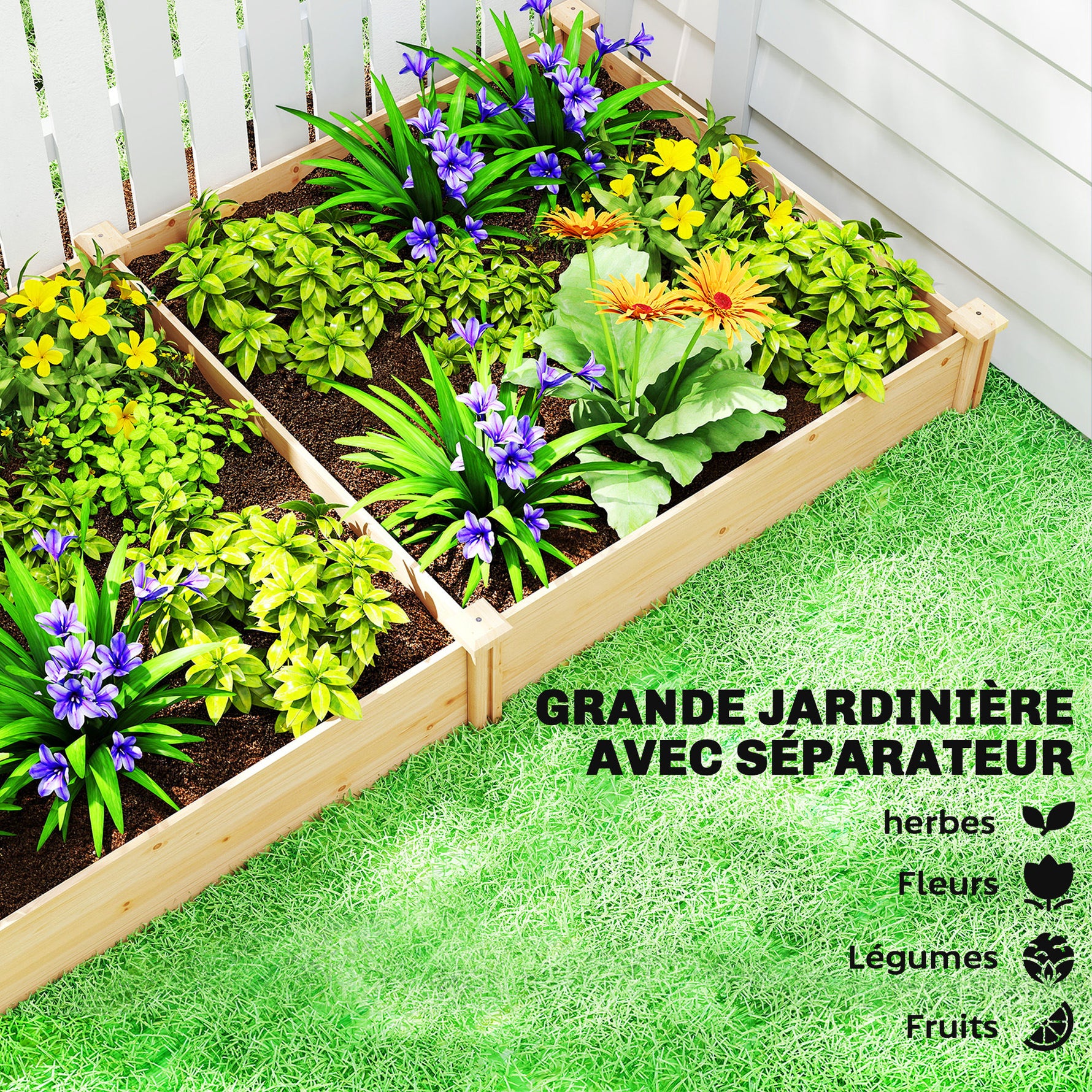 Carré Potager de jardin en Bois massif, Jardinière Surélevé avec séparateur, 235 x 121 x 26 cm, effet Bois Naturel