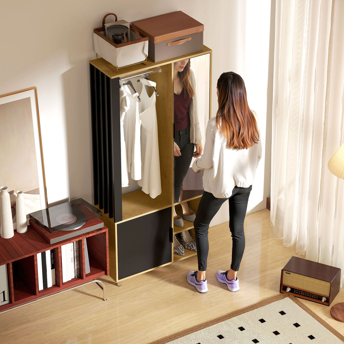 Armoire chambre penderie avec miroir, compartiments ouverts, placard et tringle de suspension, 80 x 30 x 170 cm, naturel