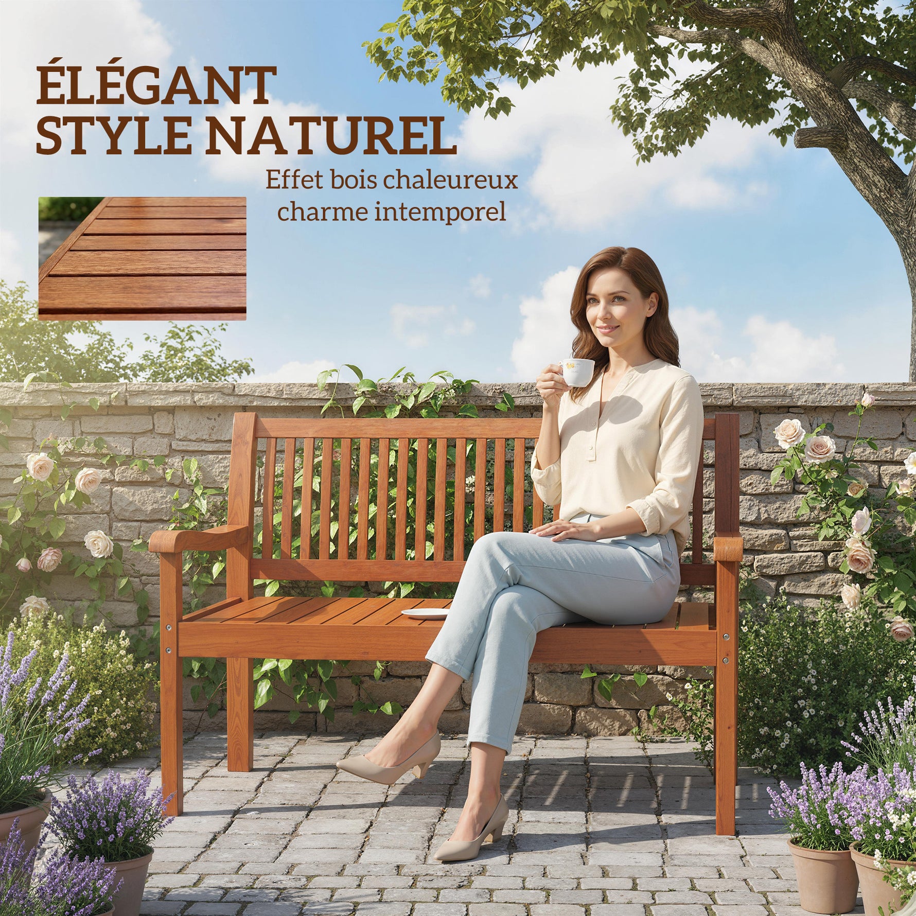 Banc de Jardin Banc Extérieur 2 Places avec Housse Imperméable et Dossier Ergonomique Bois Marron Clair