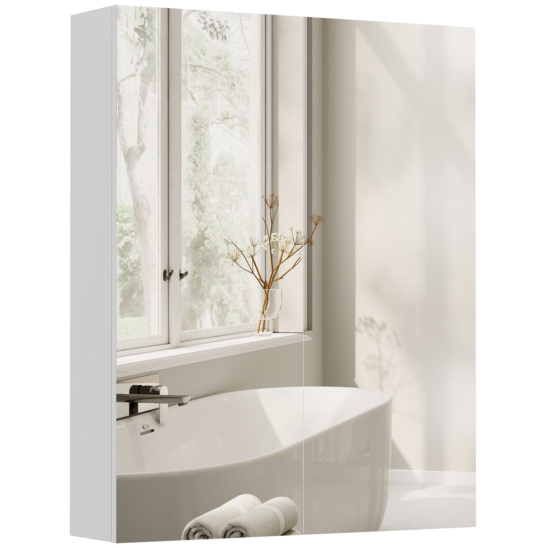 Armoire avec Miroir en Bois Rangement Salle de Bain Fermeture Porte Tampon MDF