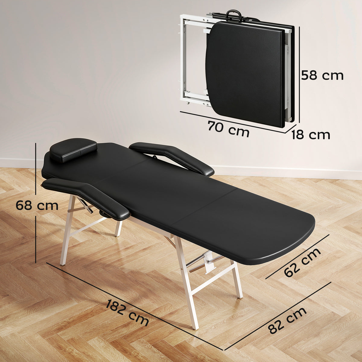 Table de massage pliante, lit de massage 3 zones portable 182 x 62 cm avec appuie-tête et accoudoirs amovibles, noir