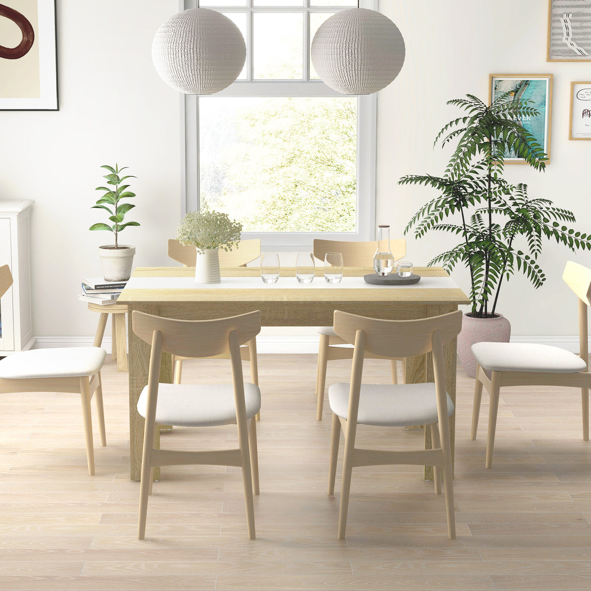 Table de salle à manger pour 6 personnes en bois aspect naturel et blanc, dim. 140L x 90l x 75H cm