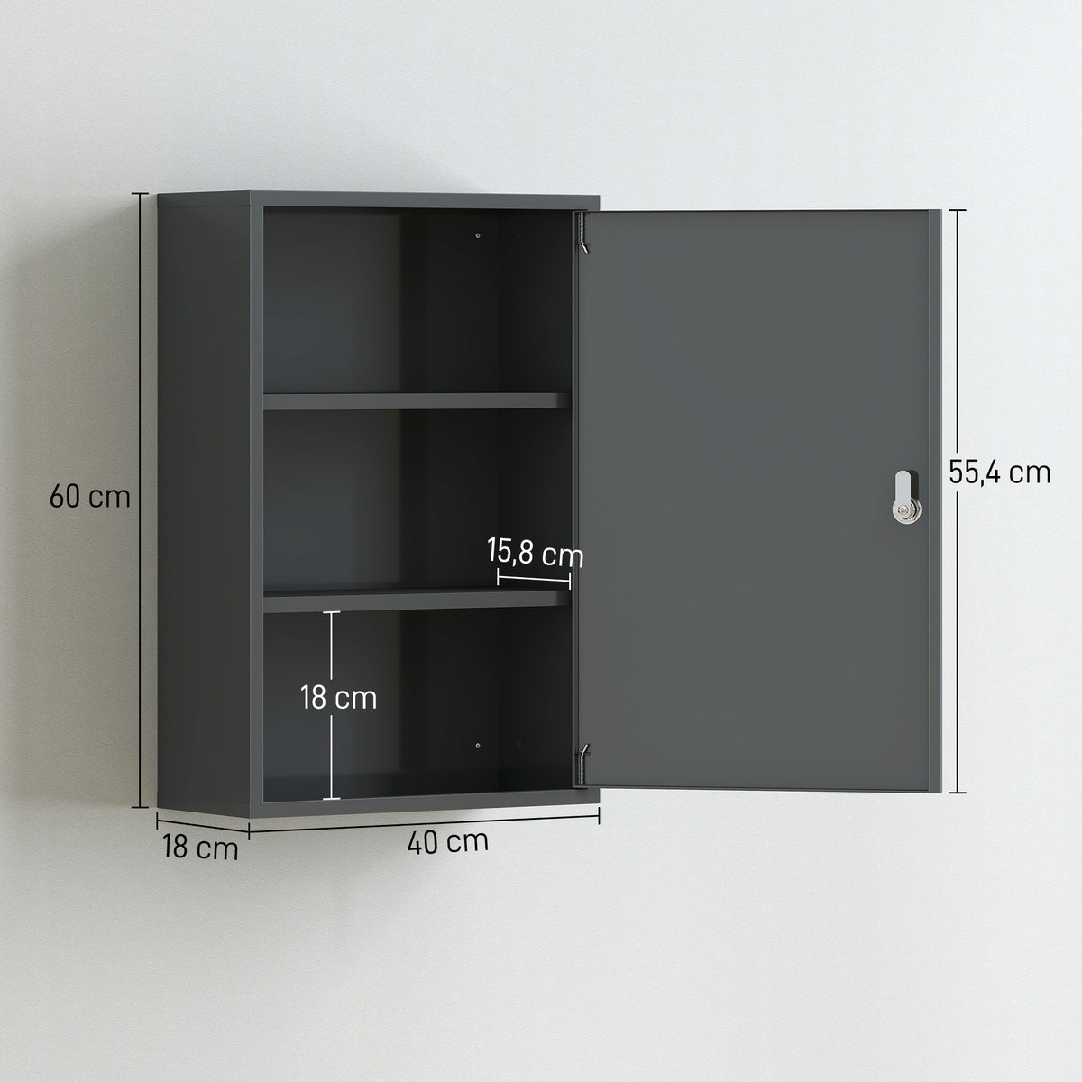 Armadietto portamedicinali a 2 ripiani, 3 livelli, chiudibile a chiave, dim. 40L x 18P x 60A cm, 2 chiavi, metallo, grigio fumé