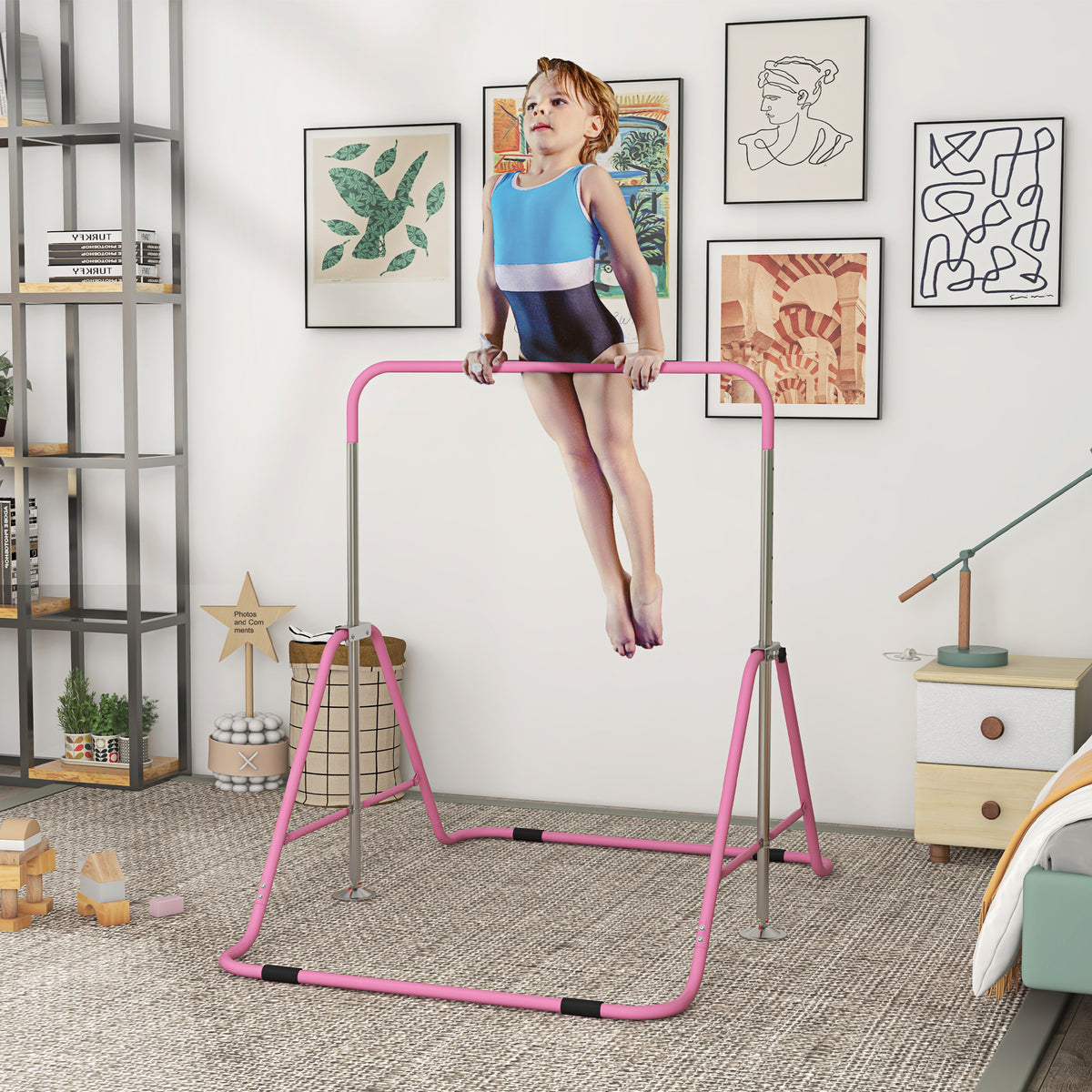 Barre fixe de gymnastique pour enfants pliante hauteur réglable de 88 à 128 cm rose