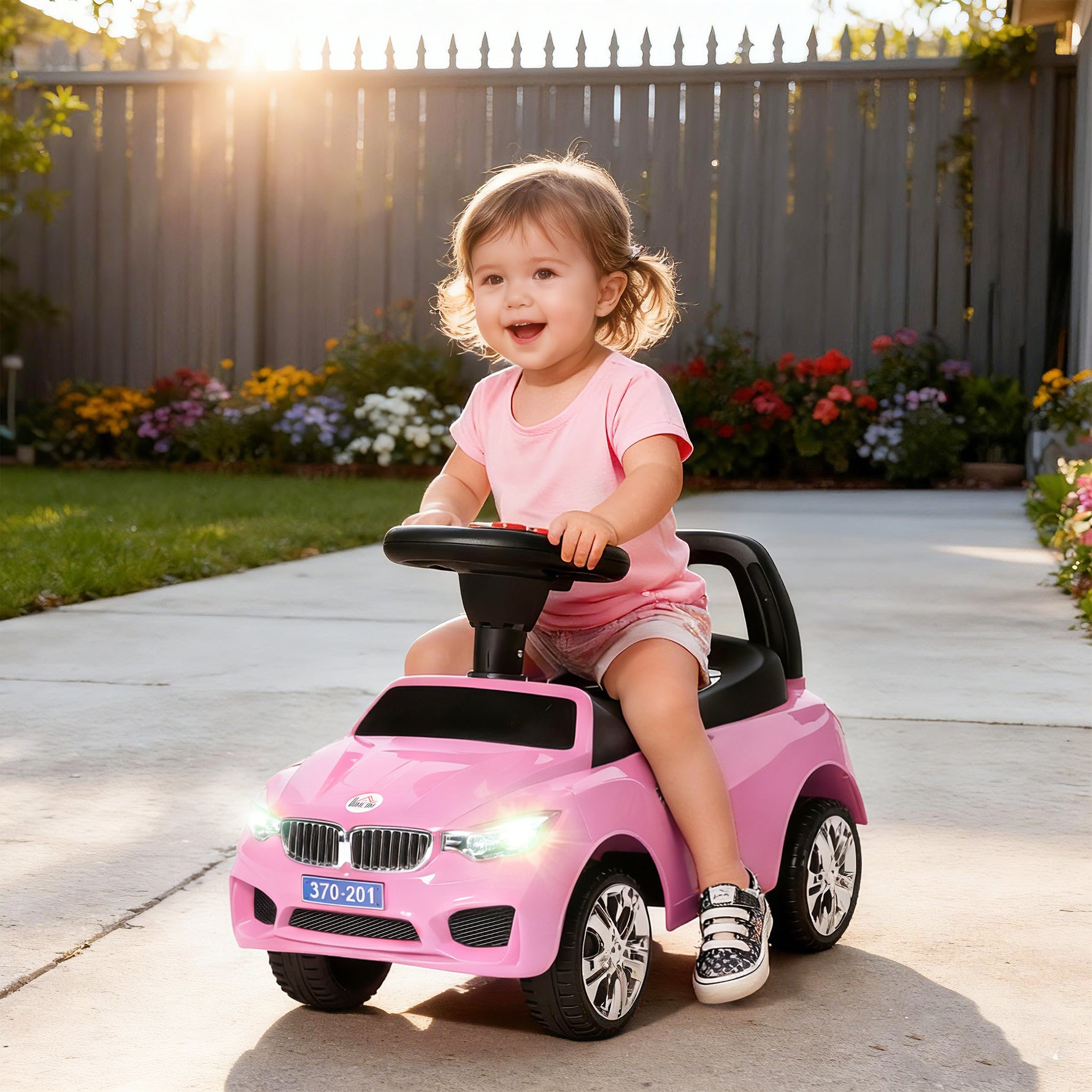 Porteur enfants voiture, véhicule à pousser avec coffre à jouets, klaxon, phares et musique, 63,5 x 28 x 36 cm, rose