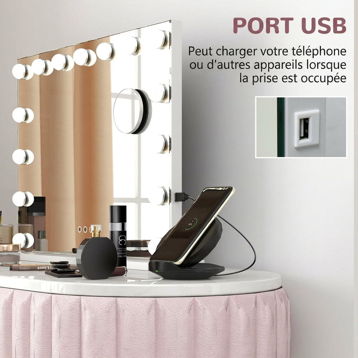 Miroir Maquillage Hollywood 58 x 48 cm, Miroir Coiffeuse LED, 15 Ampoules, 3 Modes d'Éclairage, Port USB de Charge