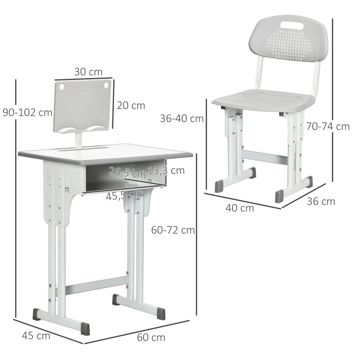Bureau et chaise pour enfant lot de 2 avec support de lecture casier crochet et porte stylo 60 x 45x 90-102 cm gris