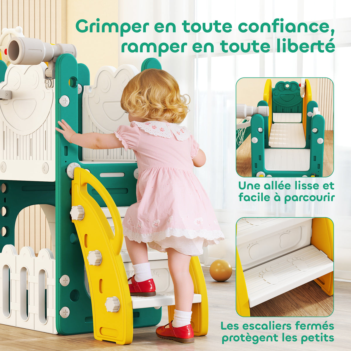 Toboggan pour enfant 7 en 1 avec panier de basket, télescope, rangement, tunnel, escalade, tableau de dessin, jaune