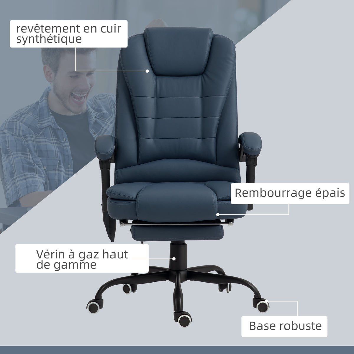 Fauteuil de bureau massant, chaise de bureau avec hauteur réglable, dossier inclinable et télécommande filaire, bleu