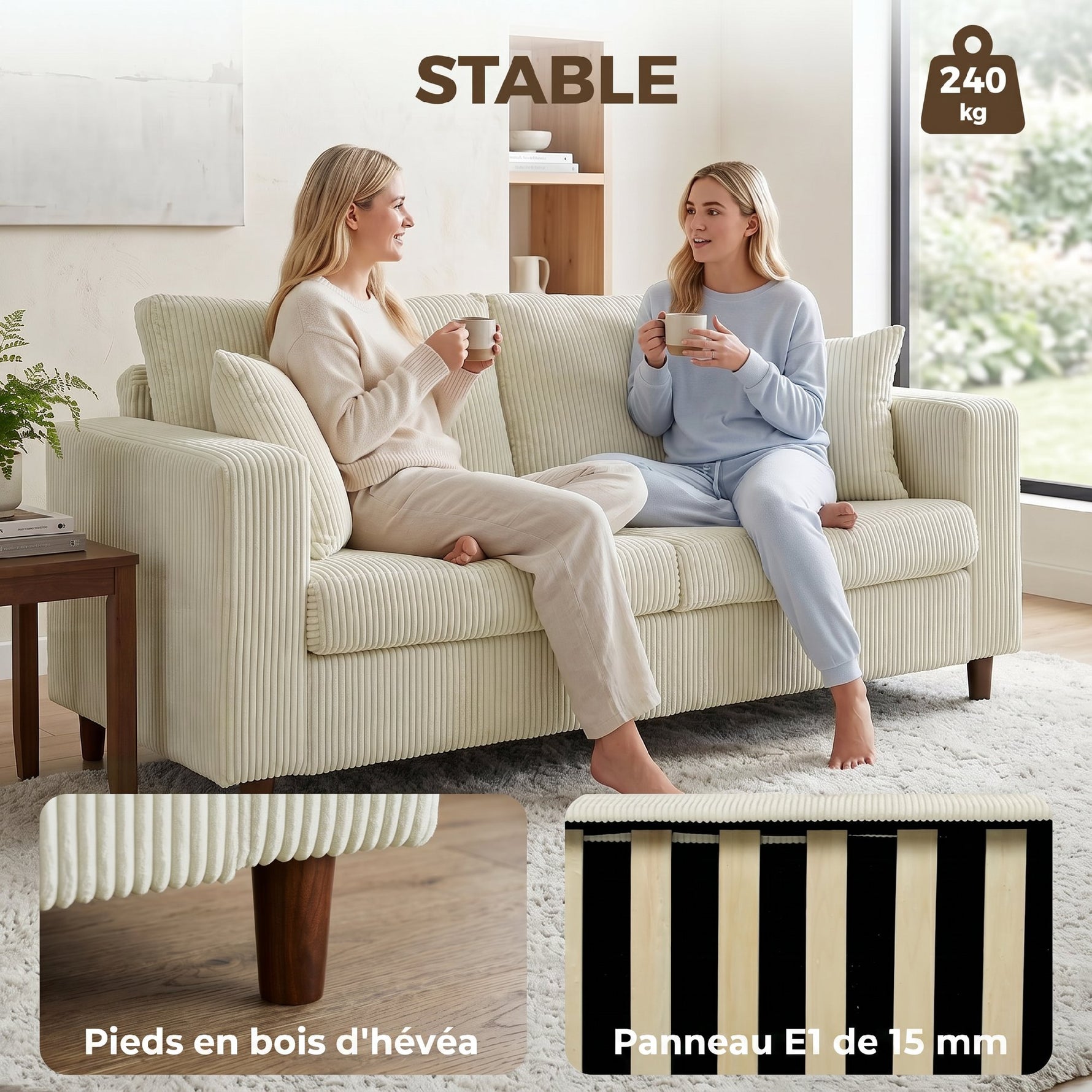 Canapé 2 Places en Velours Côtelé, Canapé de Salon Moderne 170 cm, Assise Large, Coussin à Ressorts, Crème