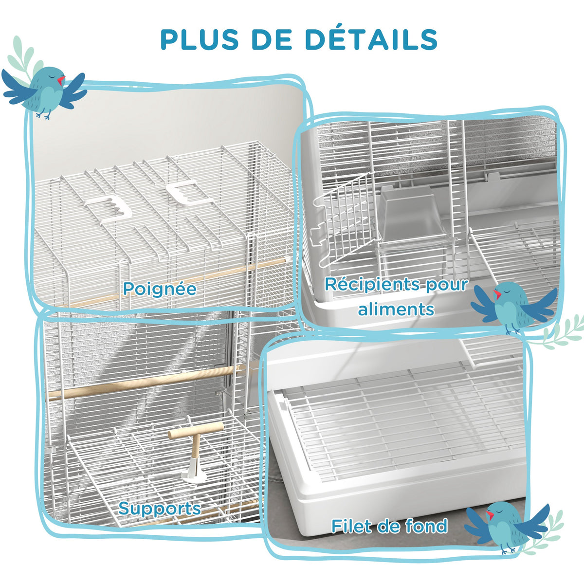 Cage à oiseaux volière avec portes perchoirs cage pour canaris perruches perroquets 61 x 36,5 x 98 cm blanc