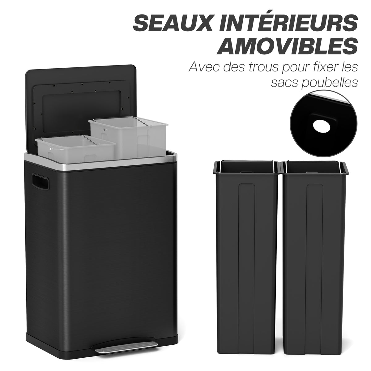 Poubelle de cuisine 2 compartiments de 2 x 20L, poubelle avec pédale, couvercle à fermeture douce 40 x 34,8 x 59 cm noir