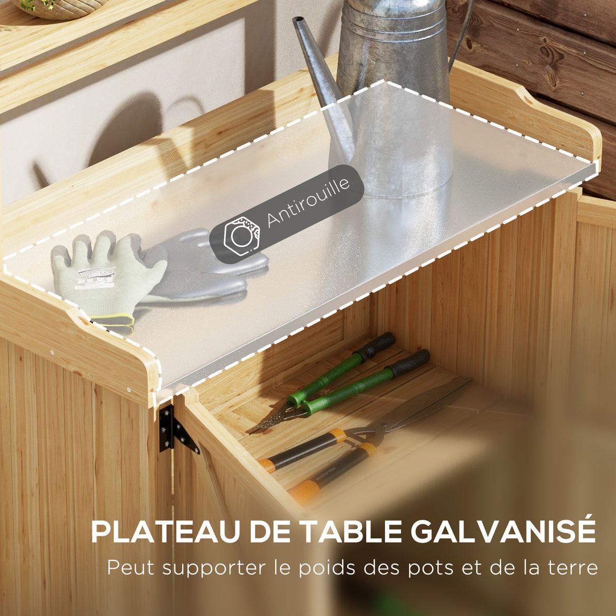 Table de rempotage table de jardinage avec placard et étagères et plateau patins antidérapants en bois sapin jaune