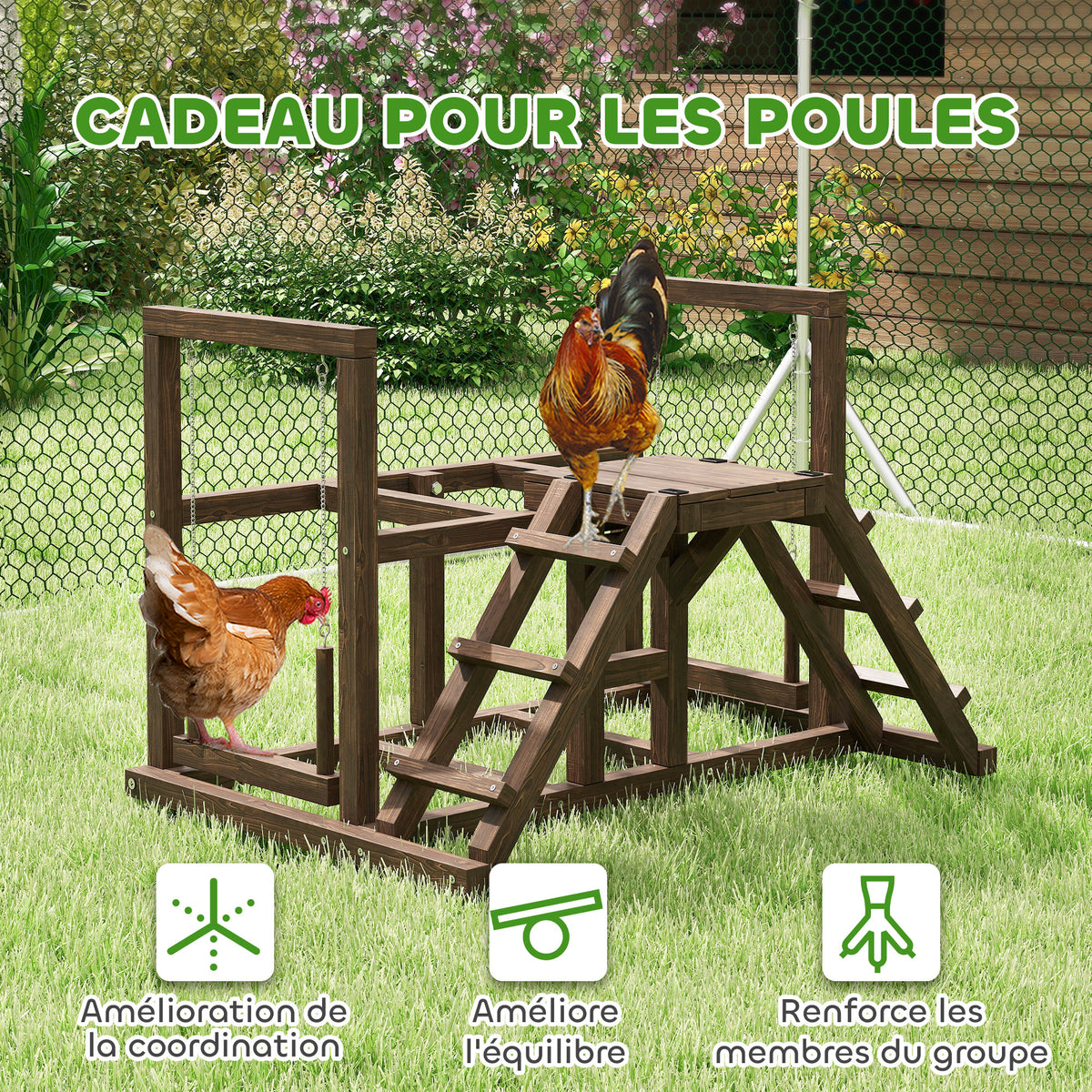 Aire de jeux en bois, Perchoir en bois pour poule, avec balançoire, échelle, plateformes, 82 x 60 x 55 cm, marron