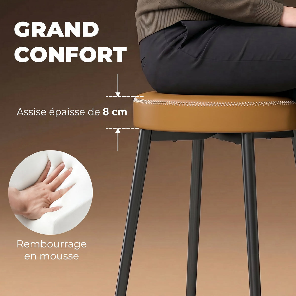 Lot de 2 chaises de salle à manger rondes, chaises de cuisine empilables avec assise rembourrée en PU, marron et noir